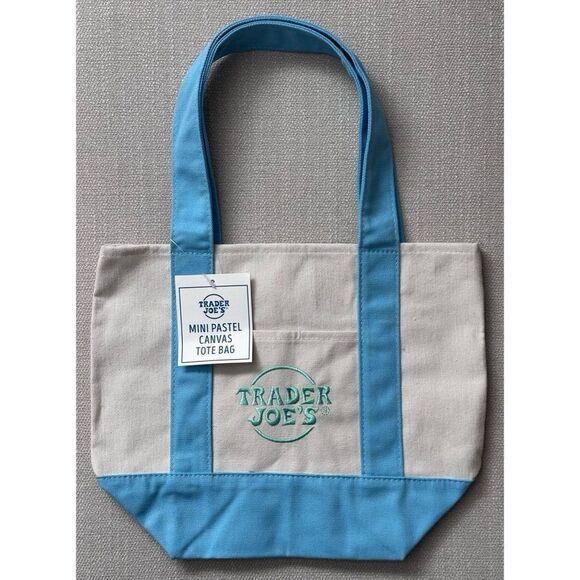 TRADER JOE’S MINI PASTEL BLUE CANVAS TOTE BAG - Picture 1 of 2